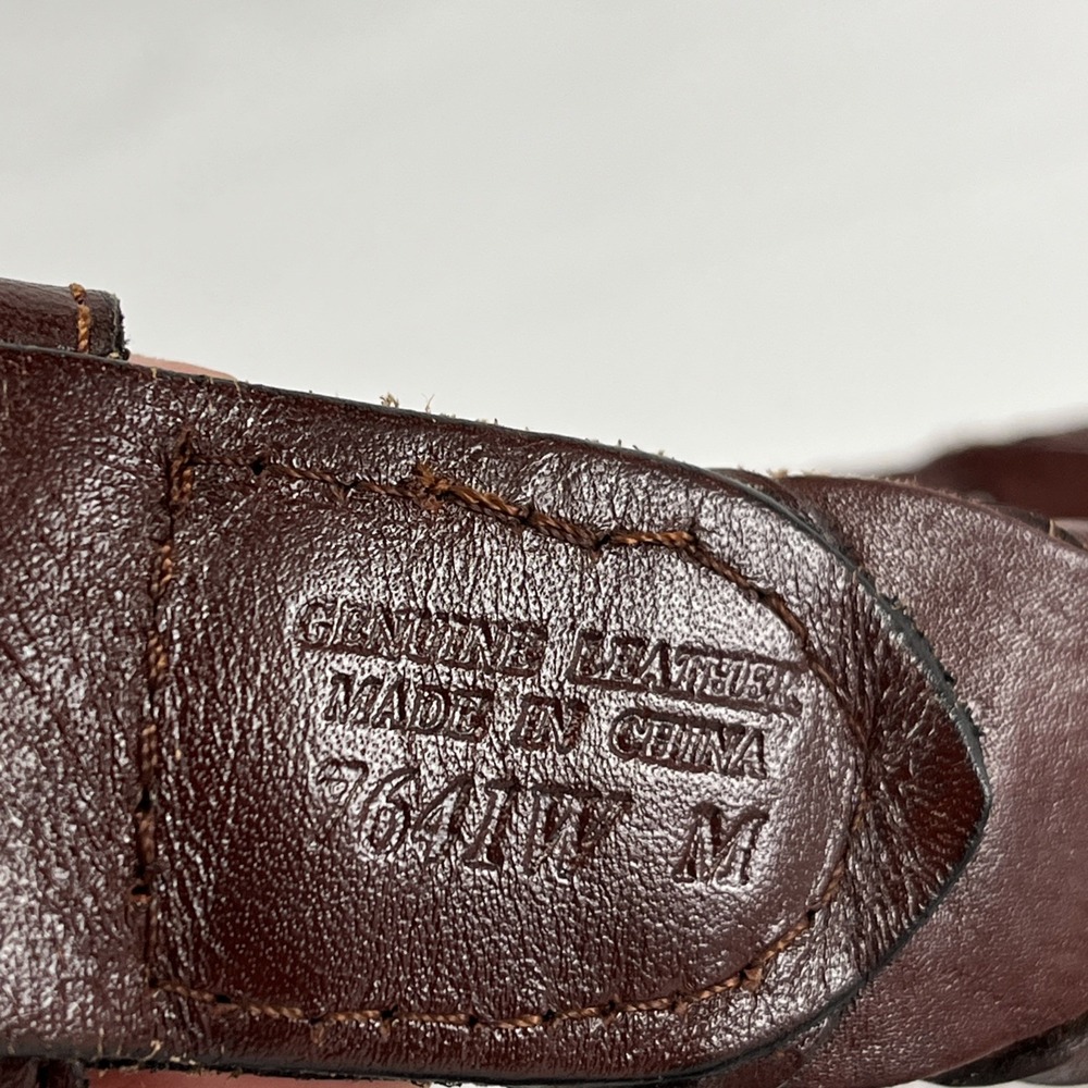 VTG Leather‎ Link Belt Men M Genuine Leather Bourbon Brown Metal Buckle Stitch - Picture 3 of 8